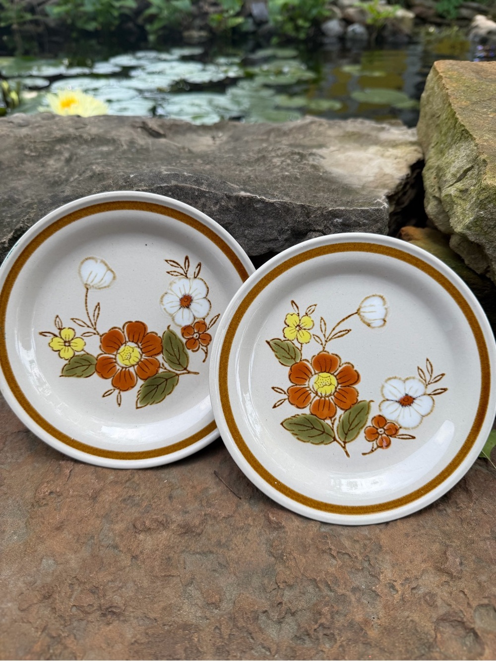 Vintage Floral Stoneware Salad/Dessert Plates in Brown and White - Set of 2